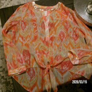 Chico’s Sheer ORANGE CHARTREUSE  TIE FRONT GOLD TRIM BLOUSE  Top Size 2 10/12